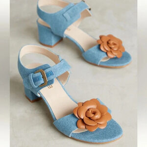 Cleo b belle heels Anthropologie denim sandals 37 6.5 brown leather flower